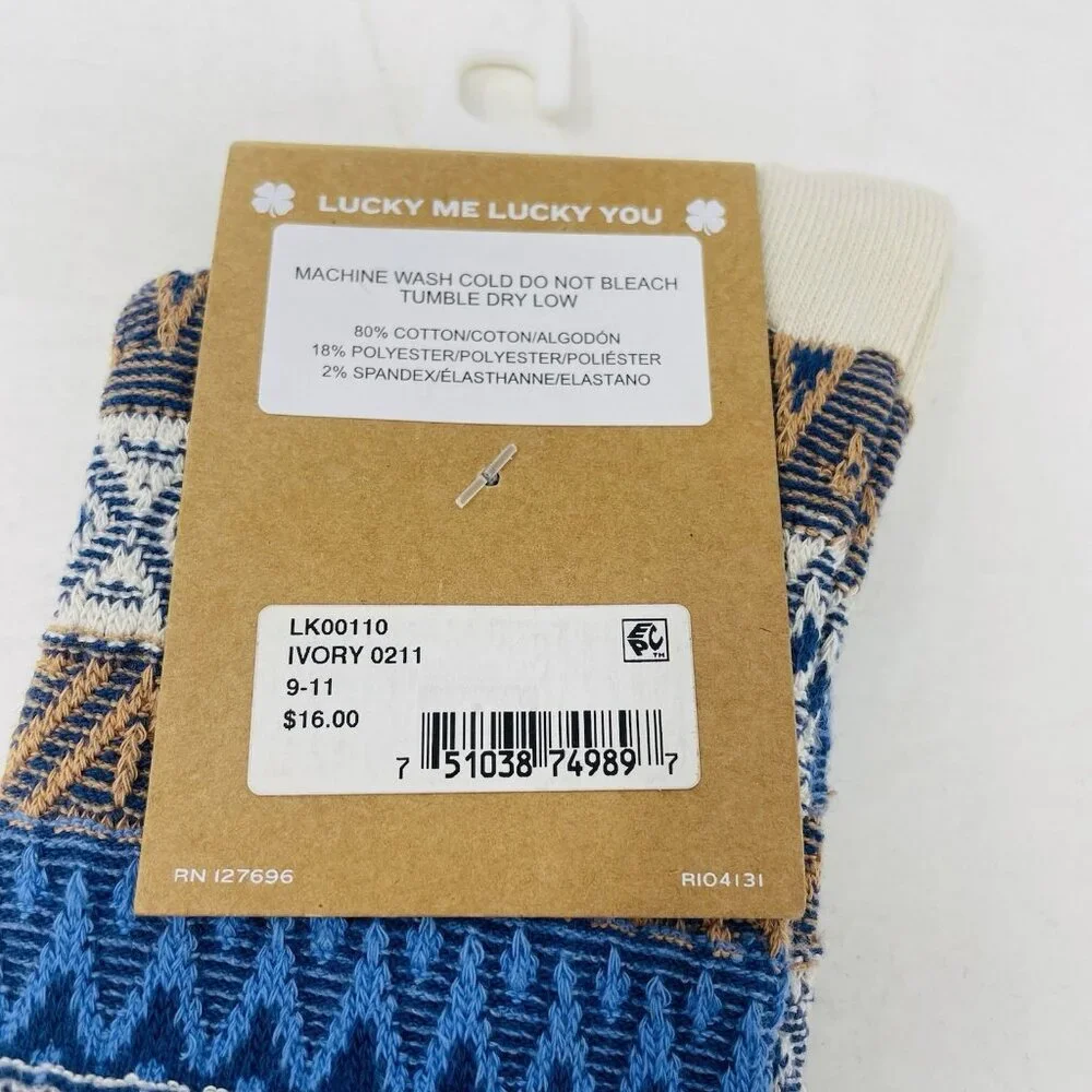 Lucky Brand Womens Size 9-11 Jacquard Pyramid Hi Crew Trouser‎ Socks Ivory/Blue